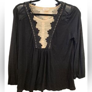 Anthropologie meadow rue, black peasant, top with sheer tan